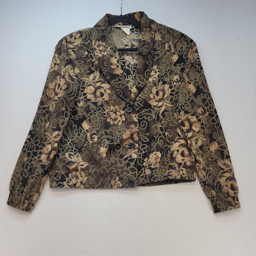 Kensington‎ Square Vintage Jacket Women Small Brown Floral Button Up Elastic Hem